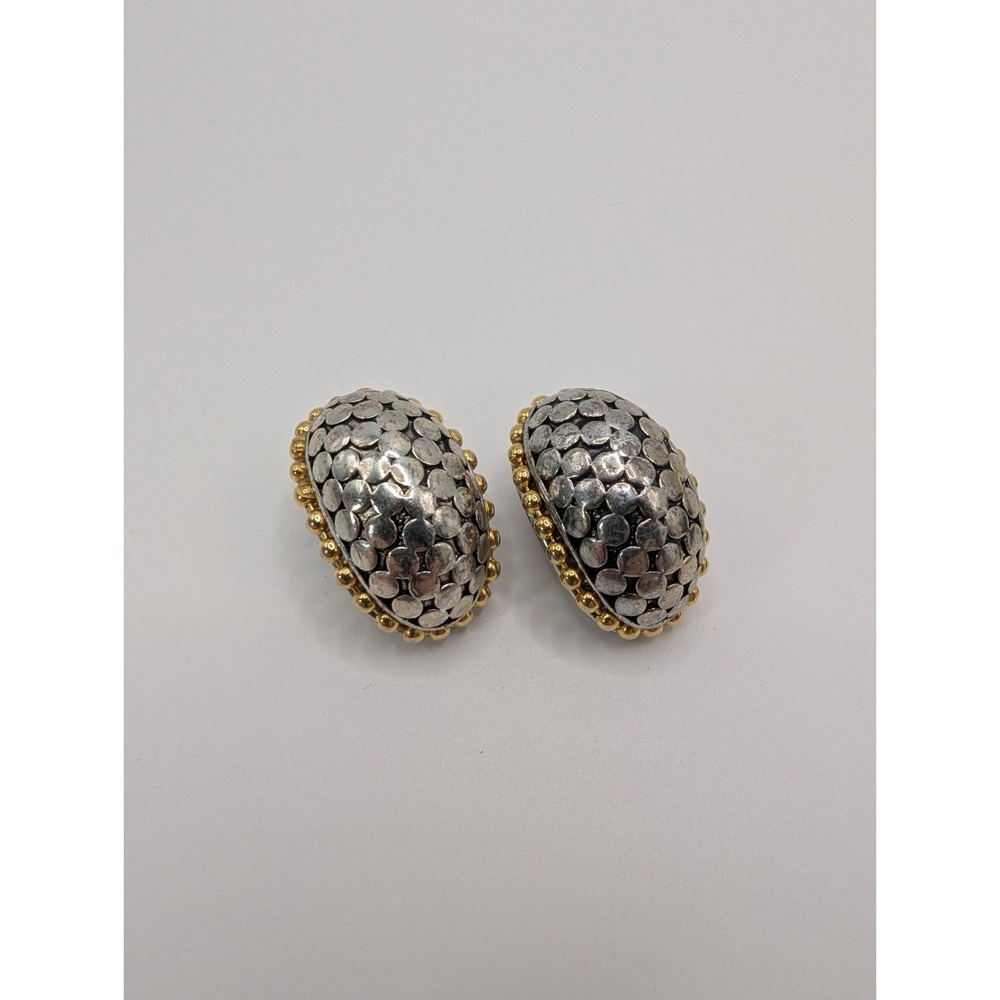 Vintage 1980s Shrimp Clip On Earrings Two Tone Silver Gold Textured Dome 1" Bold